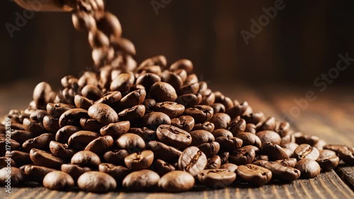 Aromatic coffee bean heap roasted brown wooden table closeup falling rich aroma energy rustic wood
