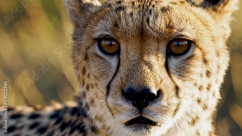 Cheetah wildlife predator feline portrait closeup gaze golden light with spotted alert whisker