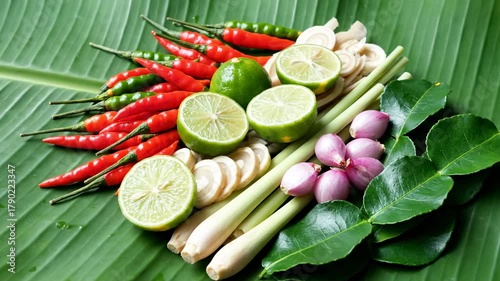 Fresh chili lime lemongrass shallot arranged banana leaf for cooking with vibrant mood