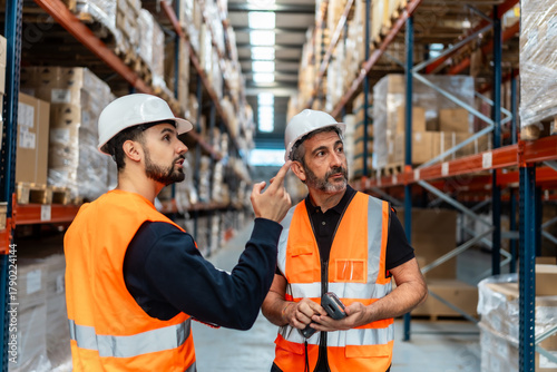 Canvas Print Warehouse workers checking inventory and discussing logistics operations