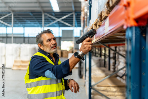 Foto Logistics worker scanning boxes in a warehouse fulfilling orders
