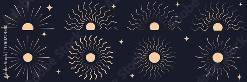 Hand drawn silhouette of golden star, sunburst, light rays. Bohemian gold gradient symbol bursting sun ray. Magic ornate talisman, antique style, boho, logo. Collection of sunburst and sunrise icons