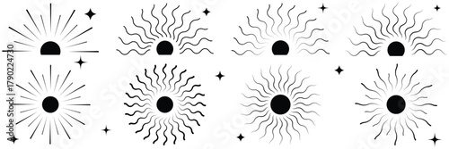 Hand drawn silhouette of golden star, sunburst, light rays. Bohemian gold gradient symbol bursting sun ray. Magic ornate talisman, antique style, boho, logo. Collection of sunburst and sunrise icons