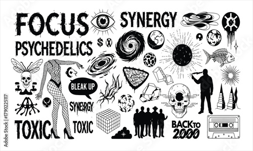 Dynamic monochrome vector art collection featuring abstract concepts, cosmic patterns, human elements, and nostalgic grunge aesthetics for design