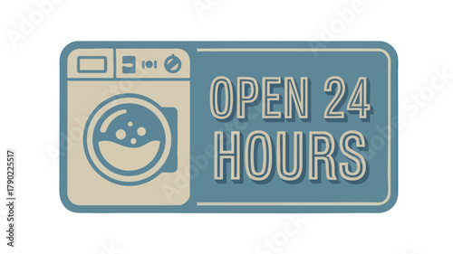 Retro laundromat sign vector – blue and cream vintage badge with washing machine icon. Retro laundromat sign vector – blue and cream vintage badge with washing machine icon.