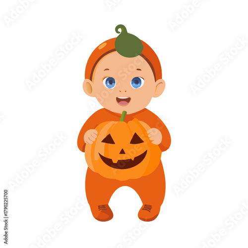 PNG Halloween baby wearing halloween costume toy pumpkin cute jack-o'-lantern.
