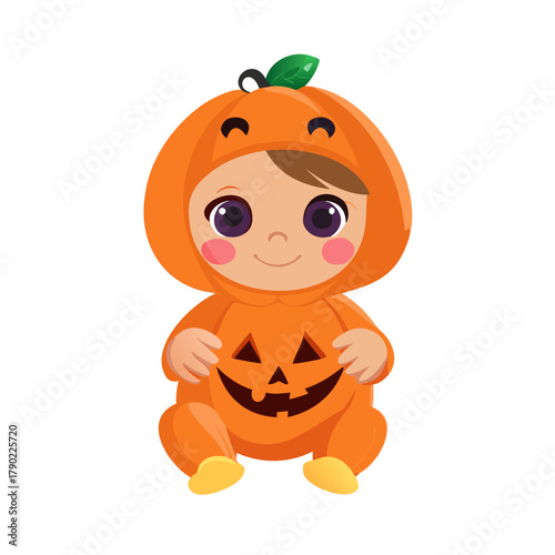 PNG Halloween baby wearing halloween costume toy pumpkin cute jack-o'-lantern.
