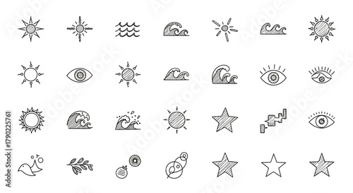 Whimsical doodle assortment featuring suns, waves, eyes, stars, flora, and interconnected circles