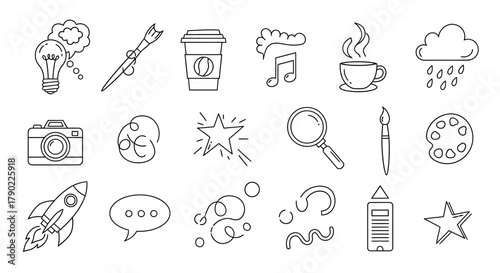 Collection of diverse conceptual line art symbols representing creativity and design elements