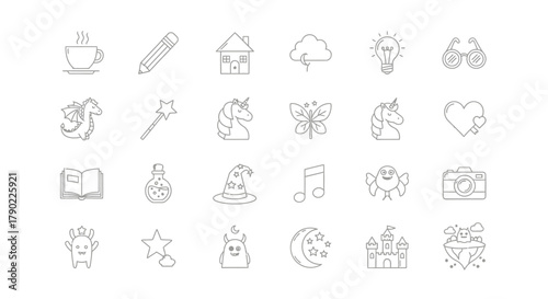 A collection of whimsically drawn icons for creative concepts and fantastical themes, embodying