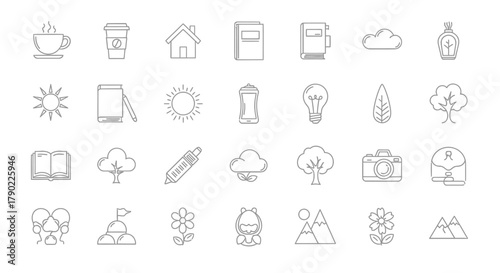 Line Art Icon Collection Representing Diverse Elements of Daily Life and Nature
