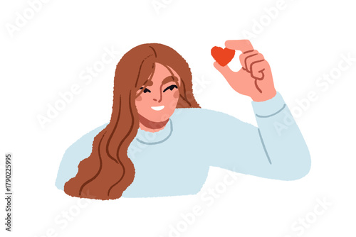 Woman holding red heart in hand, smiling. Female with love symbol, valentine for romantic affection, fondness, passion. Showing fonding emotion. Flat vector illustration isolated on white background.