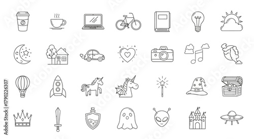 Line art vector graphic illustration featuring various objects, icons and symbols for web and print