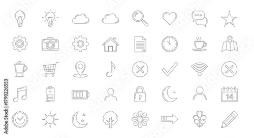 Collection of diverse hand-drawn line art icons representing common user interface elements