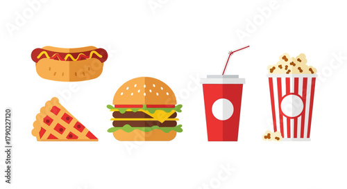 A modern collection of flat design icons showcasing classic American comfort foods such as hot dogs, hamburgers, and apple pie. 
