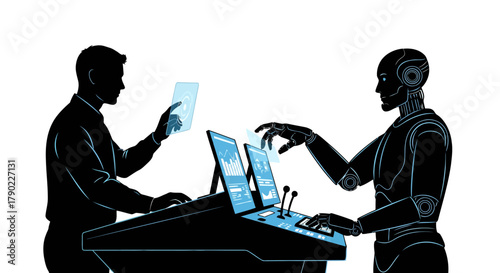 Experience future technology with human and AI collaboration, analyzing charts and interacting with touch screen data in a modern interface environment