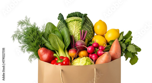 Fresh organic vegetables and fruits in a brown paper bag isolated on transparent background