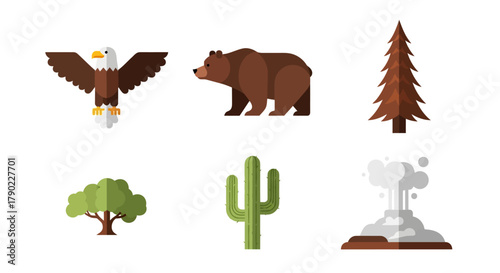 A modern collection of flat design icons showcasing diverse American nature and wildlife, such as the bald eagle and redwood trees. 