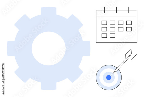 Gear for efficiency, calendar for scheduling, and target with arrow for achieving goals. Ideal for time management, productivity, teamwork, strategy, goal setting, project planning simple flat