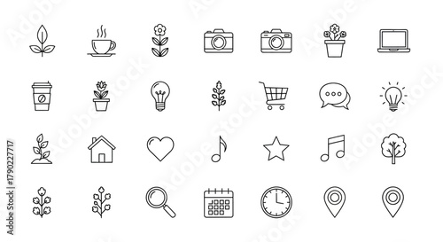 Diverse line art icons representing various aspects of modern life and technology