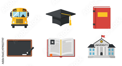 A modern collection of flat design icons showcasing American education and learning, from school buses to graduation caps. 