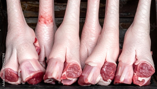 Close-up of pale pink pig legs hanging vertically, showcasing raw meat textures in a dark, enclosed space