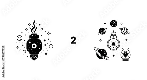 Abstract cosmic icons with planets and stars representing space exploration theme