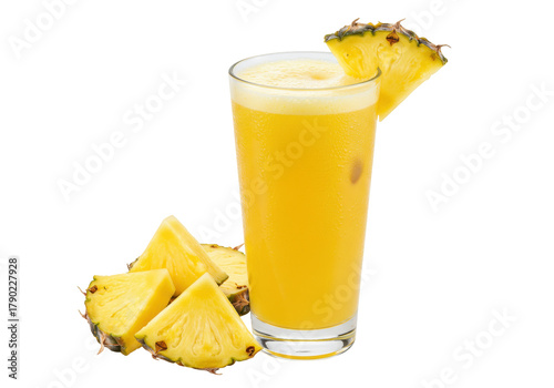 Isolated pineapple juice in tall glass with slice, tropical fruit beverage with chunks