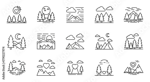 Collection of minimalist nature and landscape icons ideal for design projects and decoration