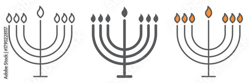 Menorah line icon, traditional candle holder symbol, festive lights design, vector illustration, outline style on white background. Editable stroke.