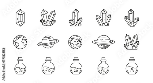 Mystical themed icons set featuring crystal, globe, planet and potion illustrations