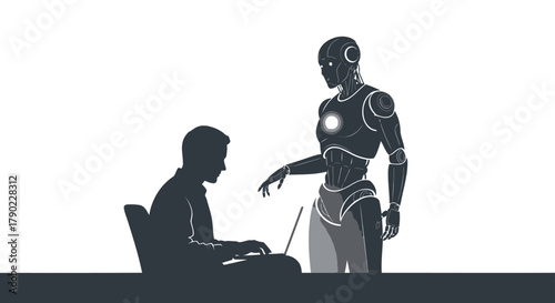 Modern tech partnership showing robot interacting with a professional using a laptop for innovation in business and future technology solutions, AI