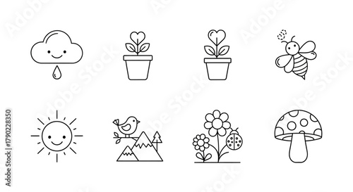 Enchanting line art collection featuring cheerful cloud, blooming plants, buzzing bee and sun