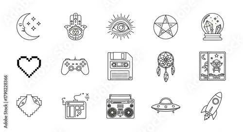 Outlined icons arranged on white, embodying spirituality, retro tech, games, and celestial elements