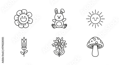 Whimsical doodles of springtime elements: delightful bunny, smiling sun, and floral accents
