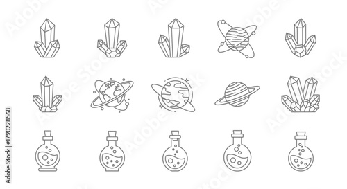 Magical mystical elements and esoteric icons, crystal gem planet and potion illustration