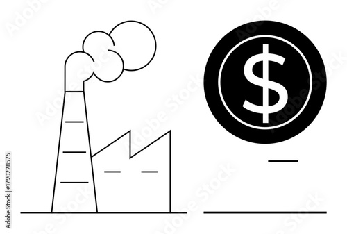 Factory emitting smoke alongside a prominent dollar coin represents industrial activity, economic growth, manufacturing, investment, business revenue, profits, and sustainability concerns. Ideal