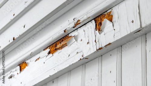 Close-up of peeling white paint on wooden trim, revealing orange-brown underneath. Weathered, textured, and damaged