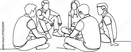 Group sitting in circle, people discussing together, teamwork and communication icon, social interaction symbol, cad drawing flat vector illustration