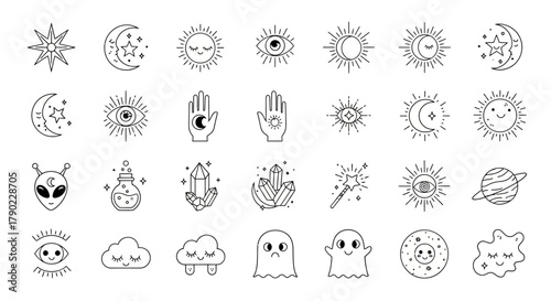 Mystical doodle vector illustration with occult symbols of sun, moon, stars, hand and celestial