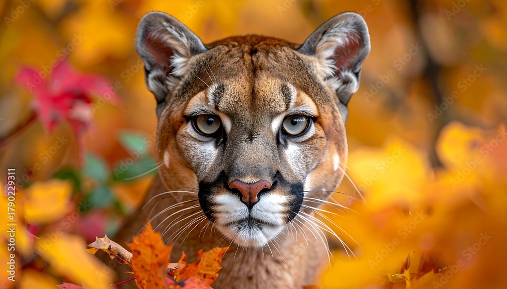 Fototapeta premium Cougar face amid autumn leaves, eyes focused, fur patterned, fall backdrop
