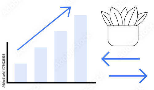 Bar chart with upward arrow, potted plant as growth metaphor, and bidirectional arrows symbolizing exchange, learning, or evolution. Ideal for success, sustainability, productivity, innovation
