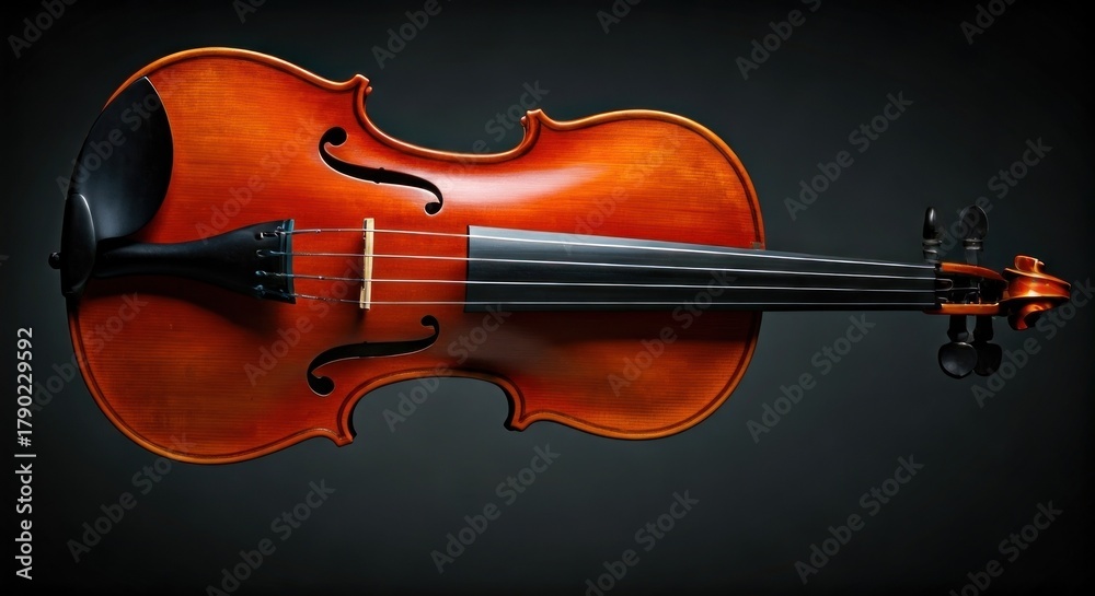 Fototapeta premium A detailed, high-angle shot of a classic wooden violin against a dark grey background