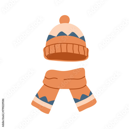 Hat and scarf, knitted winter accessories. Beanie cap and wrapped neck wear, wool clothing. Woolen apparel, soft knitwear for cold season. Flat vector illustration isolated on white background.