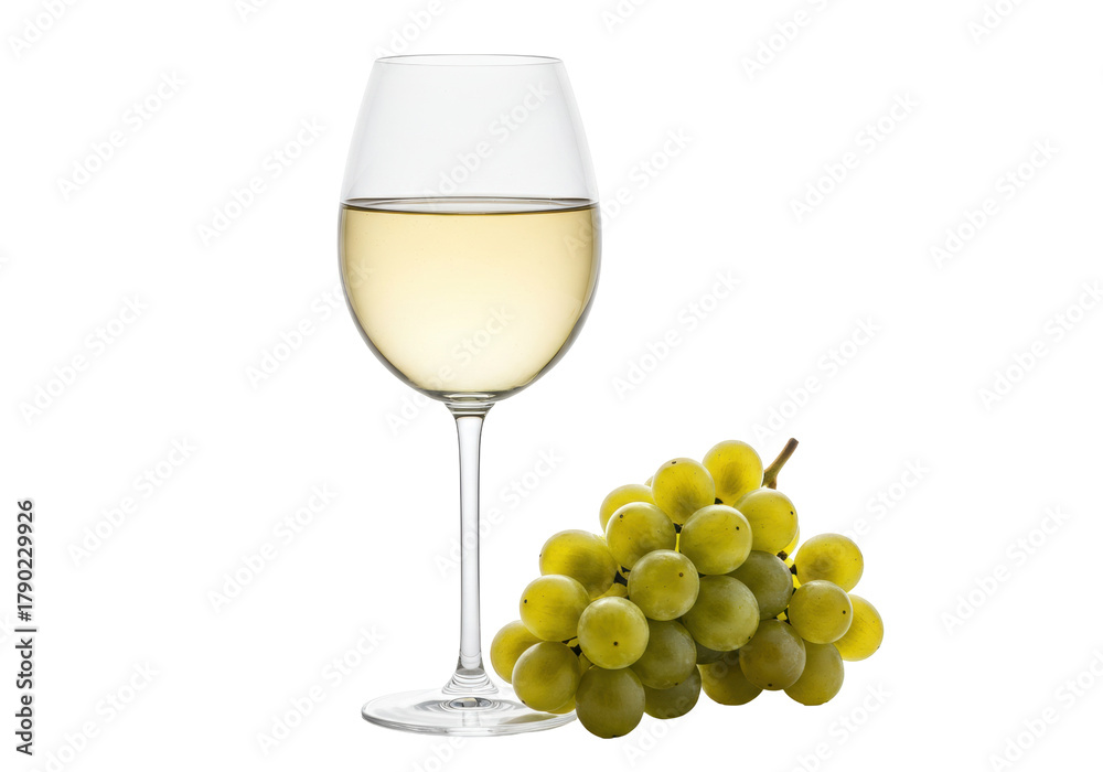 Naklejka premium Isolated wine glass with white wine and a bunch of fresh green grapes together, healthy food