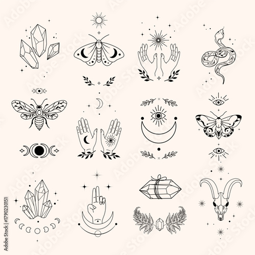 Mystical line art icon set with crystals, hands, eyes, moons, moths, snakes, and astrological symbols, for tattoo design, posters, apparel, branding, packaging, spiritual content.Vector illustration