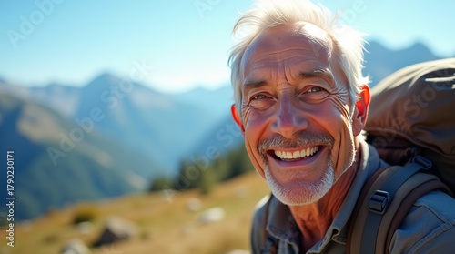 Close-up portrait of smiling senior man with backpack against mountain hills under soft light. Realistic natural tones highlight vitality and outdoor energy