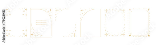 Minimal gold line frames template set with celestial stars and decorative corners, ideal for invitations, branding, certificates, packaging, and posters. Vector illustration