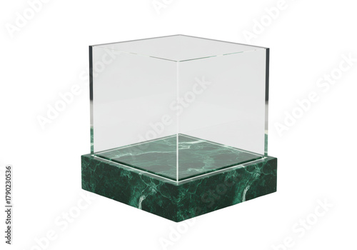 Fotografie Isolated Green Marble Base and Glass Cube Display Case for Product Mockup presen