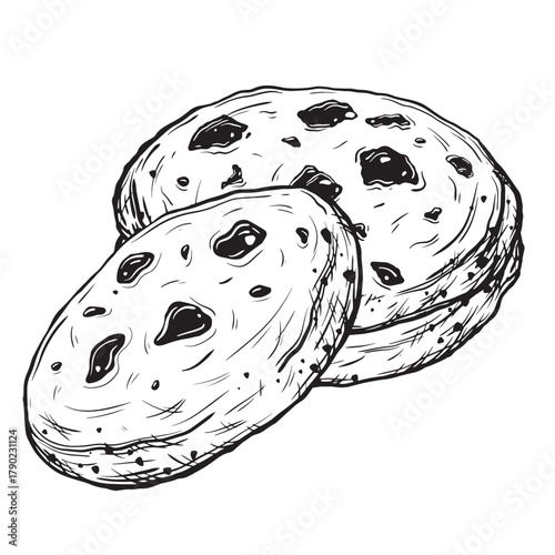 Sketch of Chocolate chip cookies. Hand-drawn ink vector illustration of a oatmeal cookies, with linear graphic elements for food design, isolated on white background.